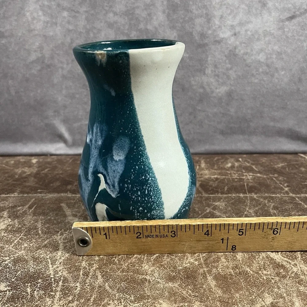 AMD Artisan Pottery Vase Small Teal Blue White Drip Glaze Coastal Decor Coastal